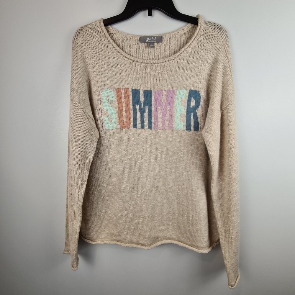 Marled Crochet Long Sleeve Lightweight Round Neck Sweater‎ "Summer" Large Beige